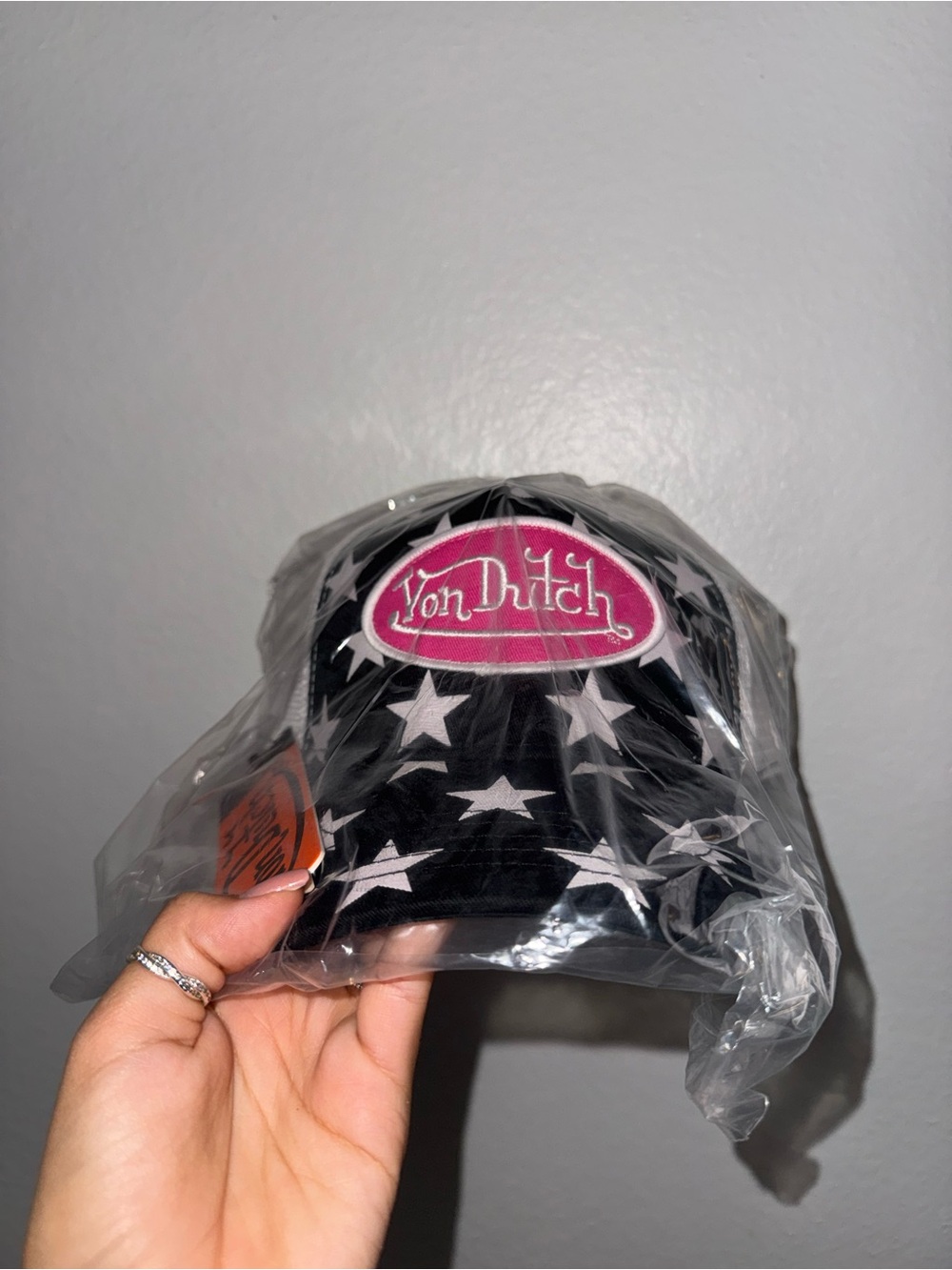 Von Dutch Black Cap with Pink Logo Patch and White Stars